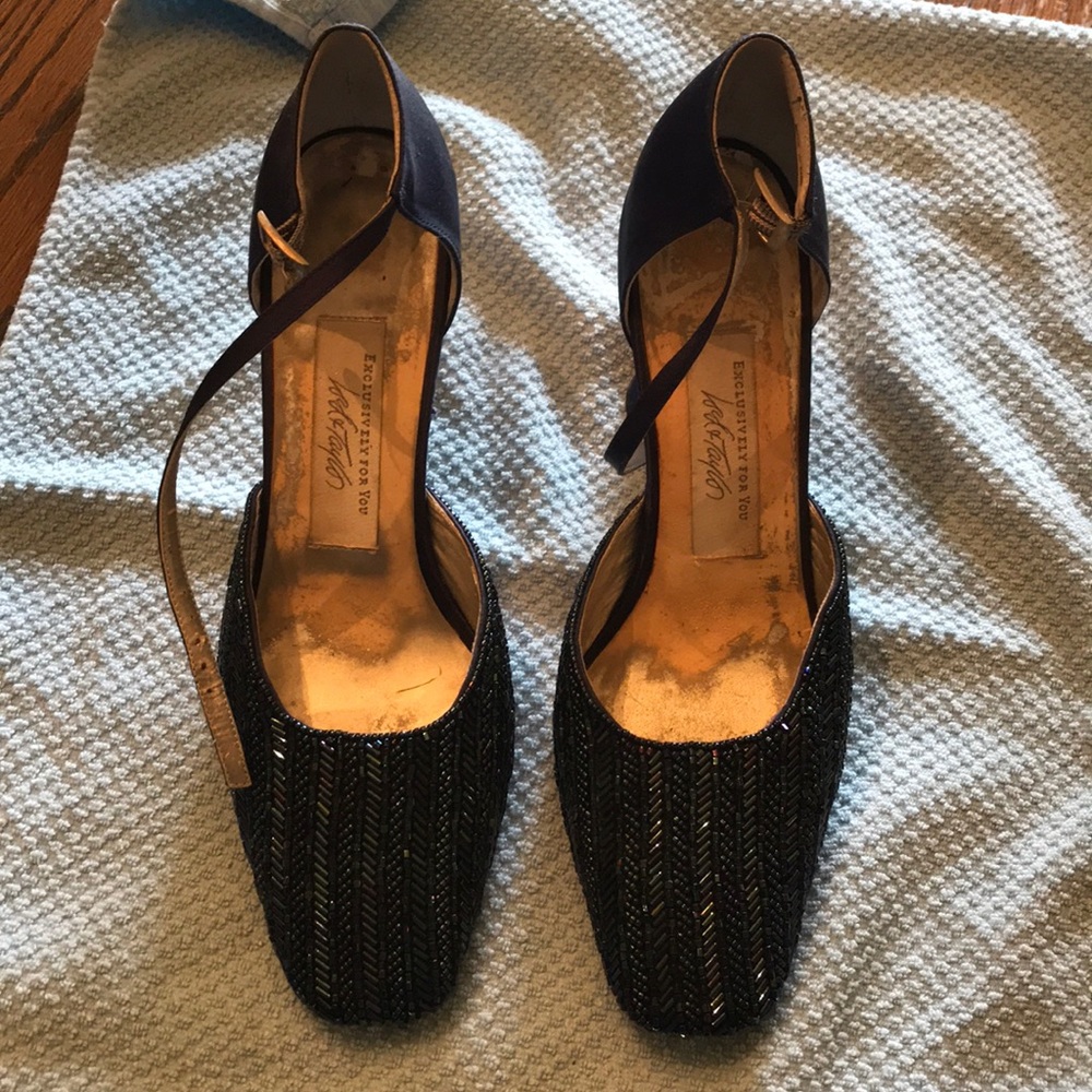 Lord & Taylor Navy Blue beaded satin ankle strap.